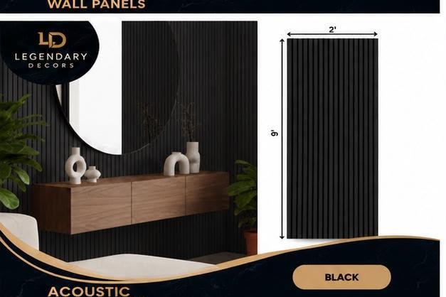 Black acoustic wall panel, 2′ × 9′