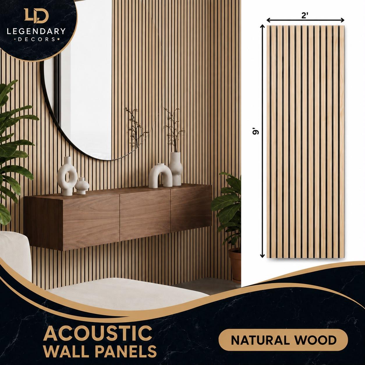 Natural Wood acoustic wall panel, 2′ × 9′