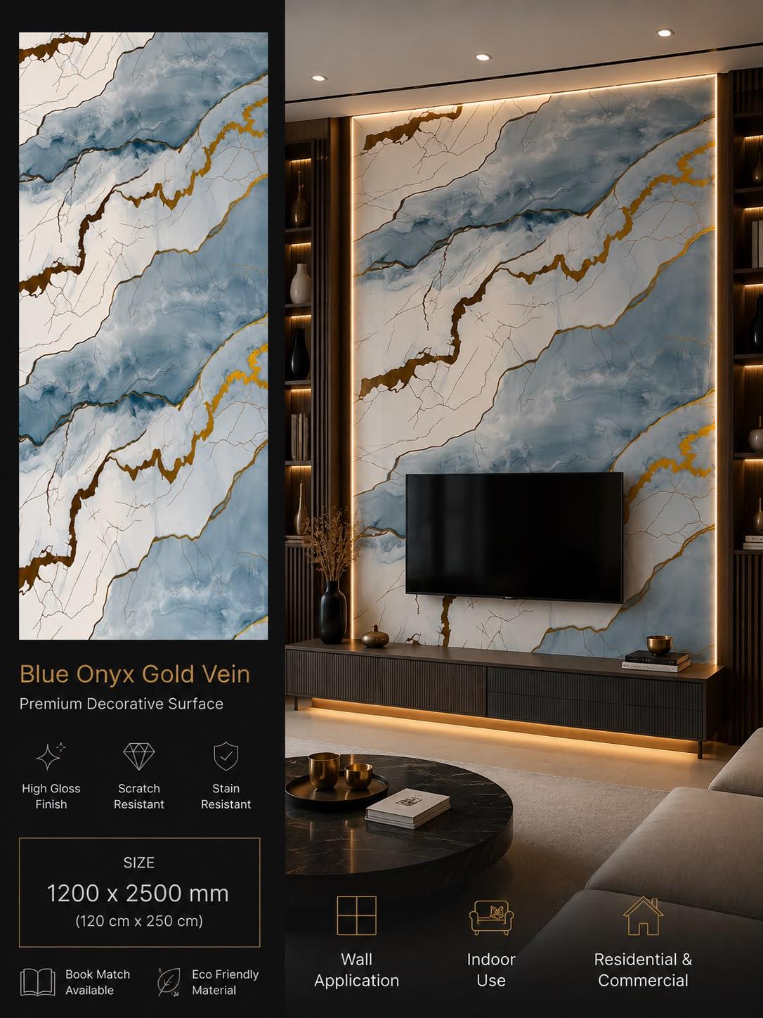 Blue Onyx Gold Vein — Premium Decorative Surface, 1200 × 2500 mm