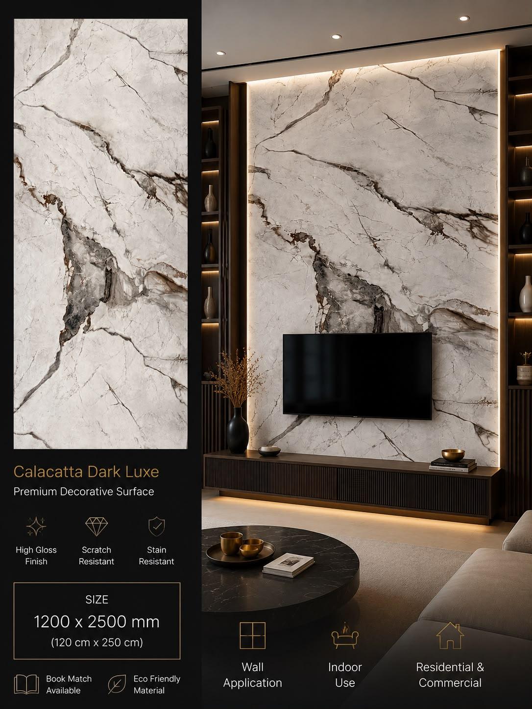 Calacatta Dark Luxe — Premium Decorative Surface, 1200 × 2500 mm