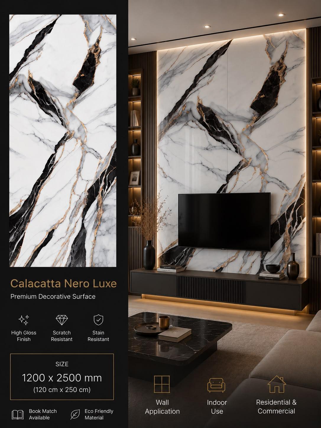 Calacatta Nero Luxe — Premium Decorative Surface, 1200 × 2500 mm
