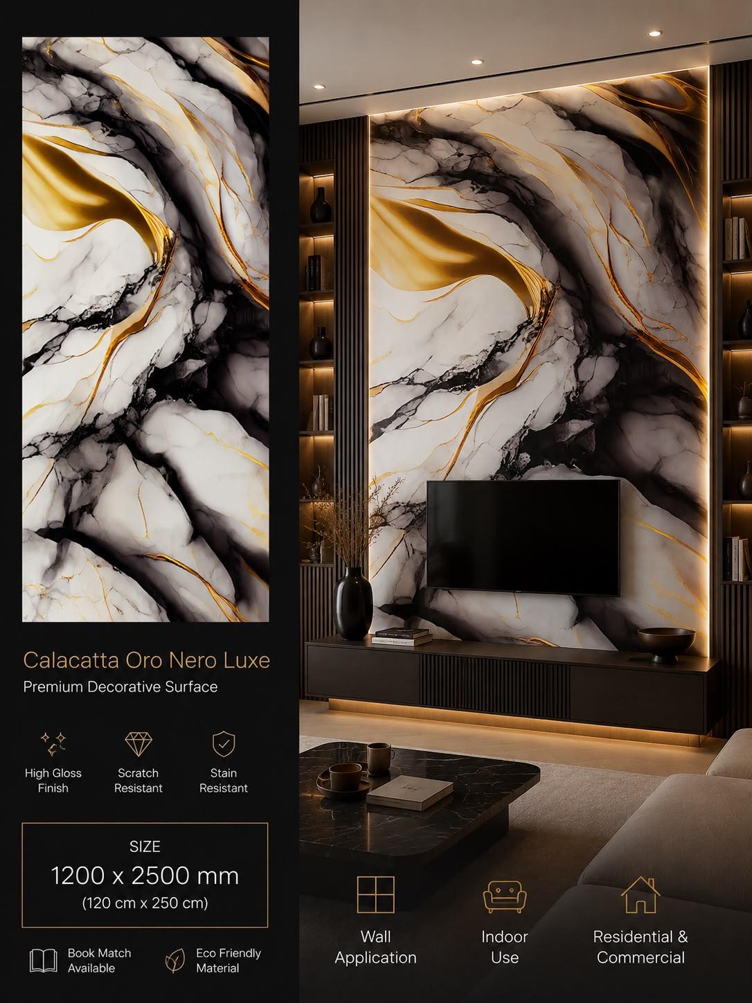 Calacatta Oro Nero Luxe — Premium Decorative Surface, 1200 × 2500 mm