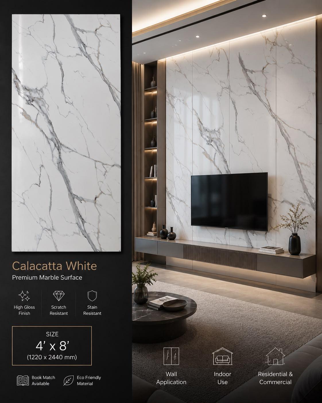 Calacatta White — Premium Marble Surface, 4′ × 8′