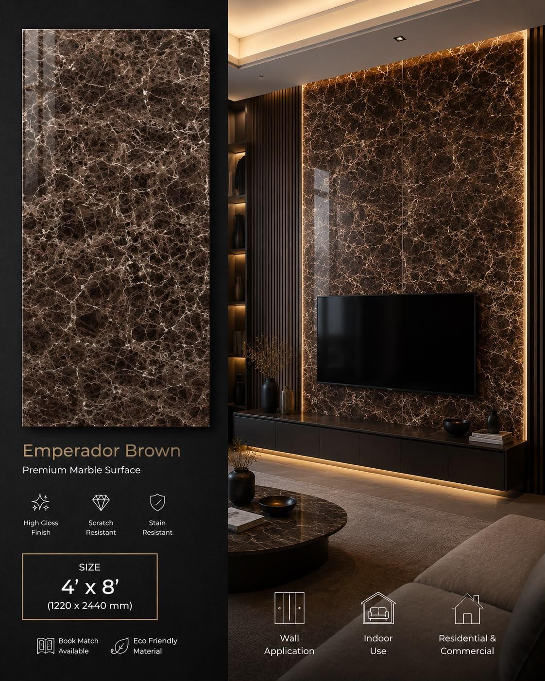 Emperador Brown — Premium Marble Surface, 4′ × 8′
