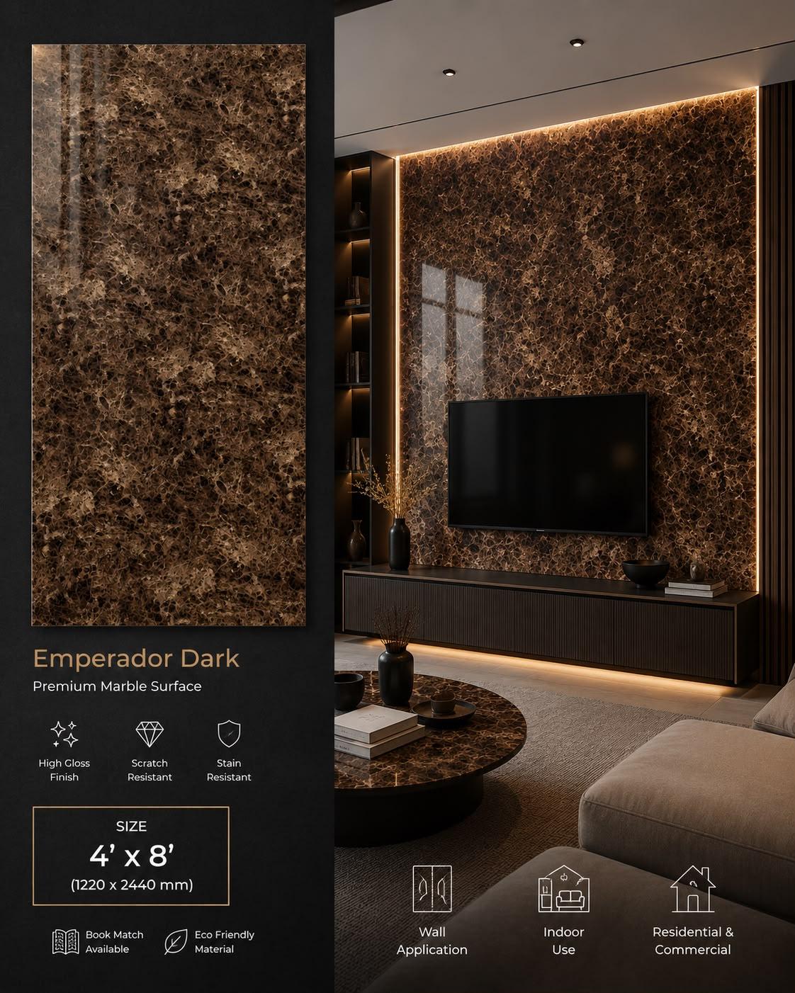 Emperador Dark — Premium Marble Surface, 4′ × 8′