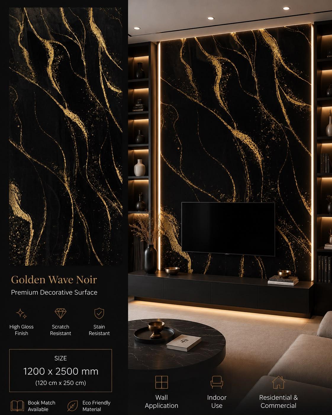 Golden Wave Noir — Premium Decorative Surface, 1200 × 2500 mm