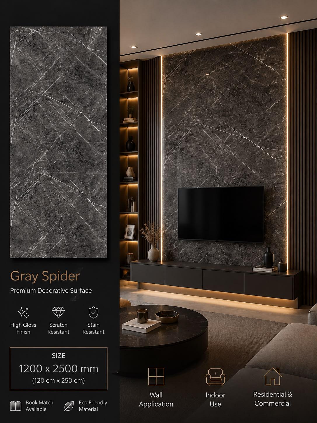 Gray Spider — Premium Decorative Surface, 1200 × 2500 mm
