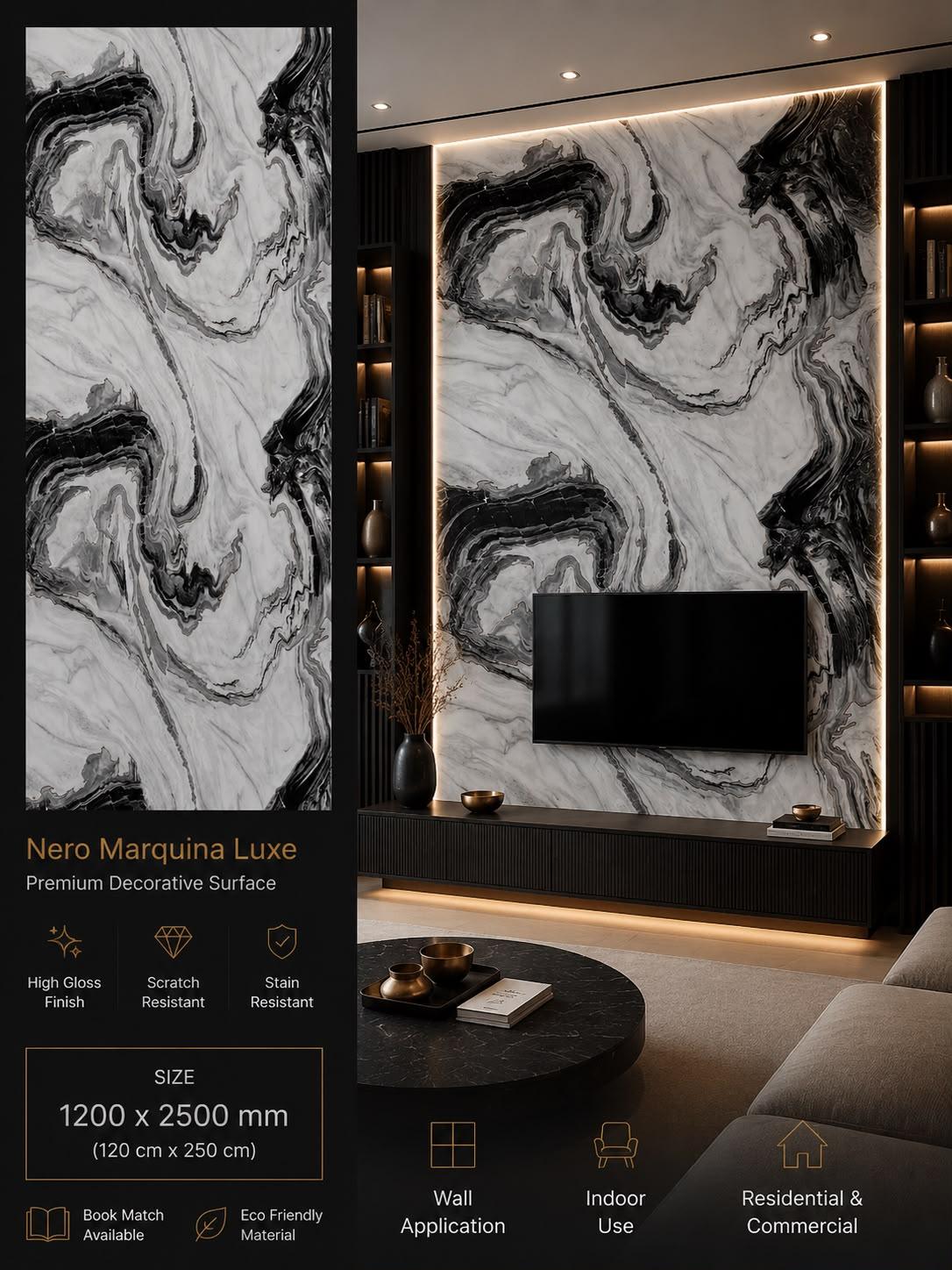 Nero Marquina Luxe — Premium Decorative Surface, 1200 × 2500 mm