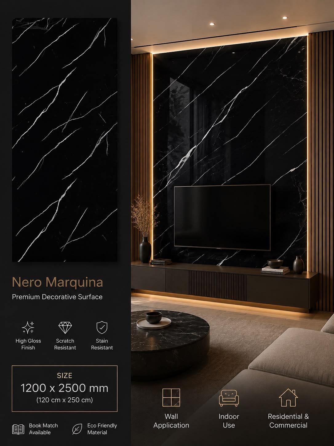 Nero Marquina — Premium Decorative Surface, 1200 × 2500 mm