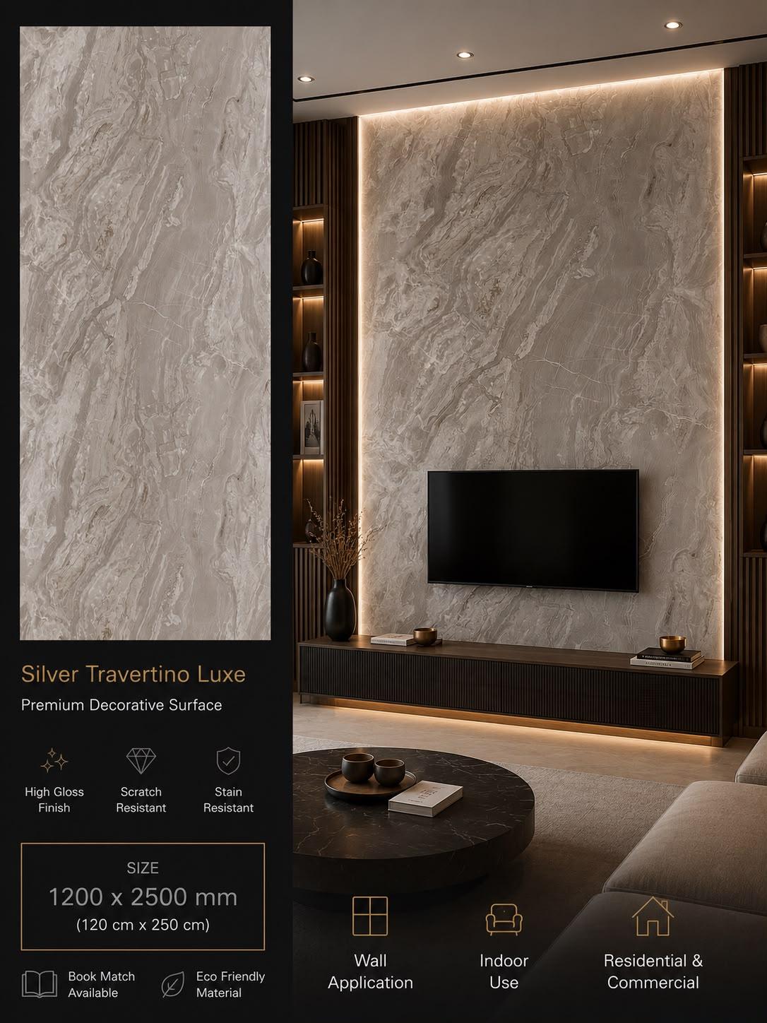 Silver Travertino Luxe — Premium Decorative Surface, 1200 × 2500 mm
