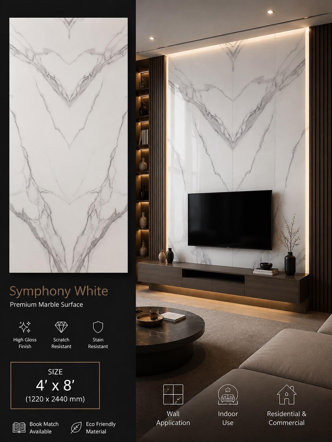 Symphony White — Premium Marble Surface, 4′ × 8′
