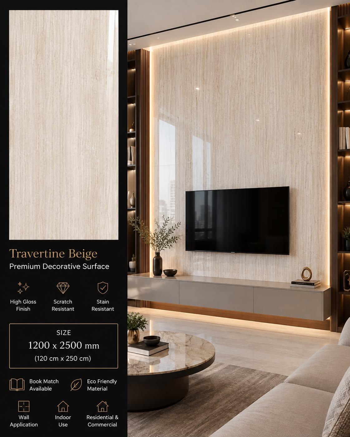 Travertine Beige — Premium Decorative Surface, 1200 × 2500 mm