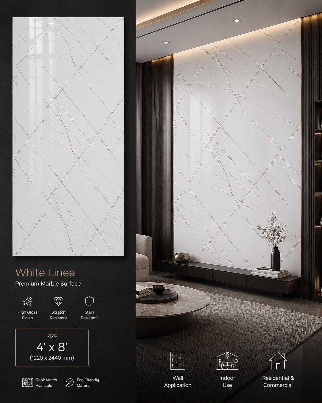 White Linea — Premium Marble Surface, 4′ × 8′