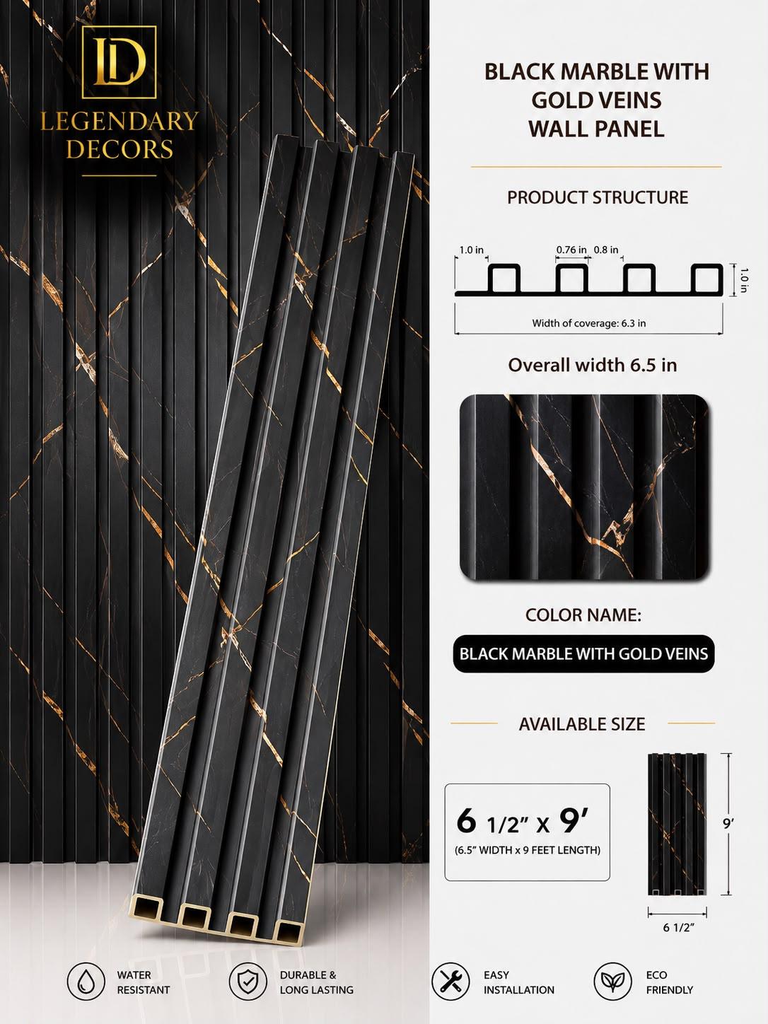 Black Marble with Gold Veins fluted wall panel, 6½" × 9′