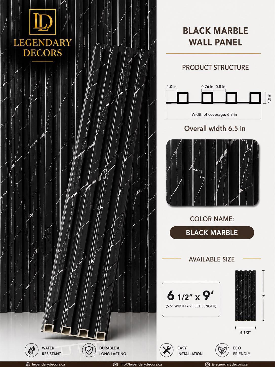 Black Marble fluted wall panel, 6½" × 9′