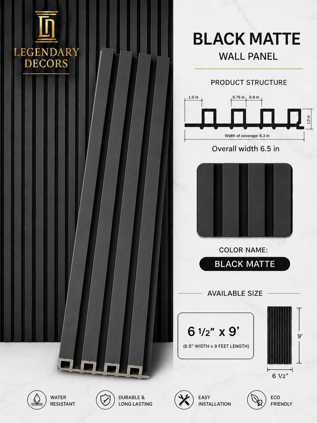 Black Matte fluted wall panel, 6½" × 9′