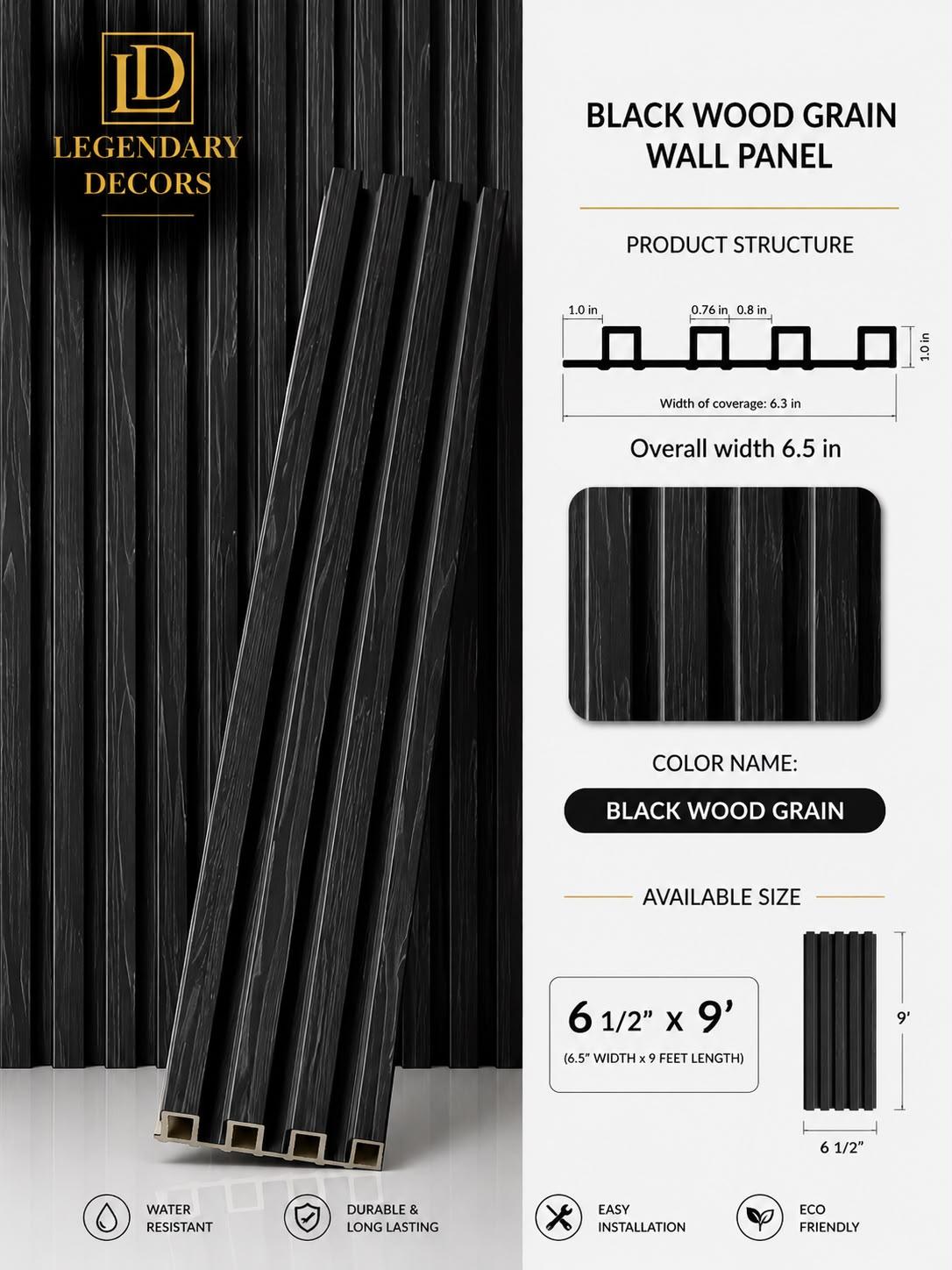 Black Wood Grain fluted wall panel, 6½" × 9′