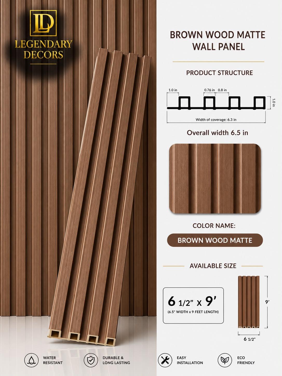 Brown Wood Matte fluted wall panel, 6½" × 9′