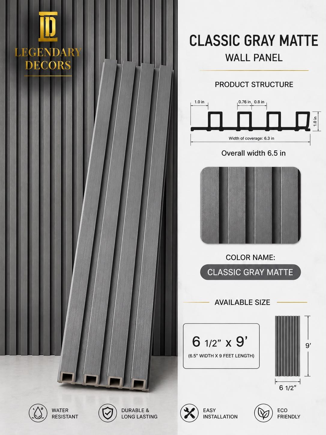 Classic Gray Matte fluted wall panel, 6½" × 9′