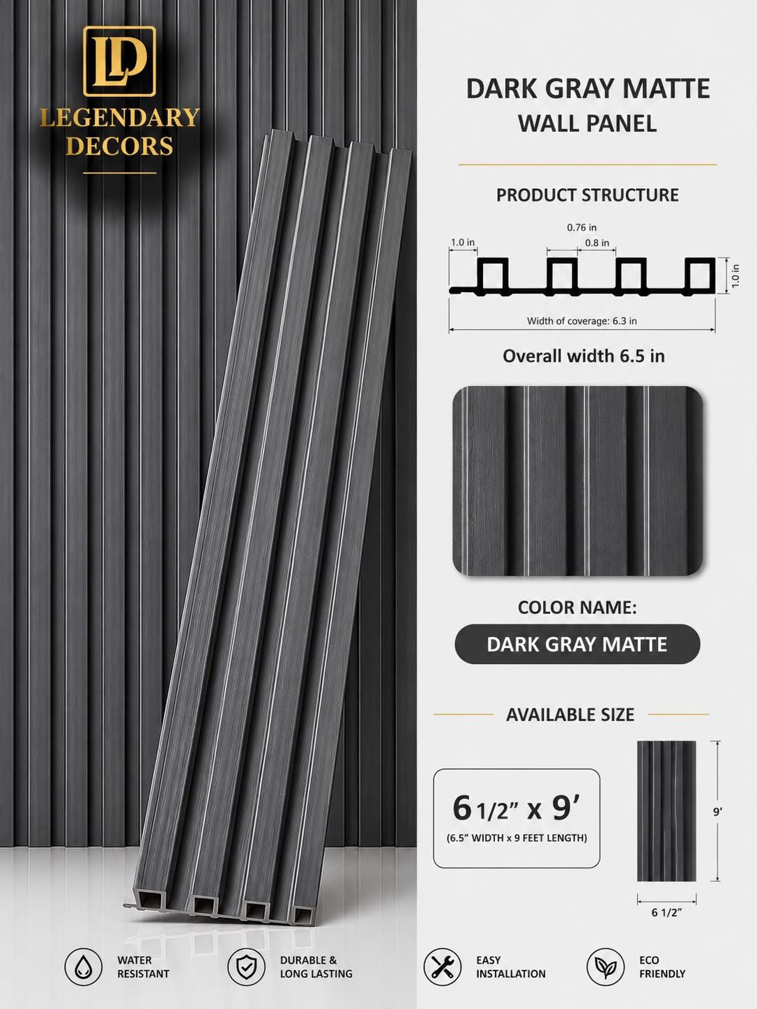 Dark Gray Matte fluted wall panel, 6½" × 9′