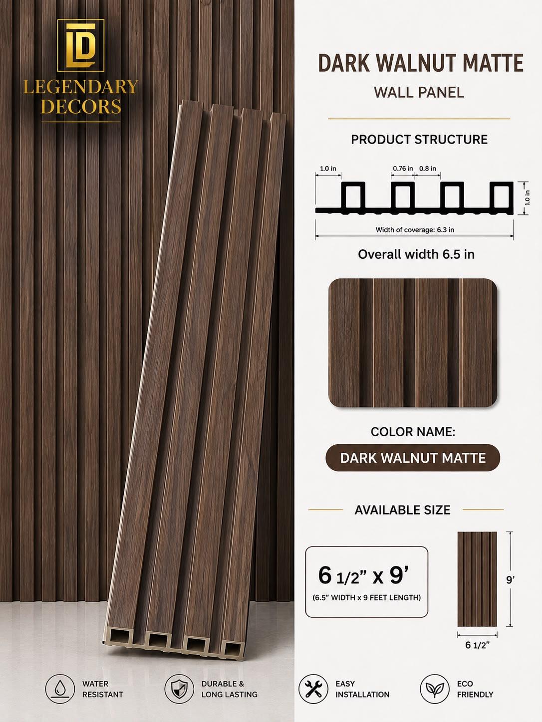 Dark Walnut Matte fluted wall panel, 6½" × 9′