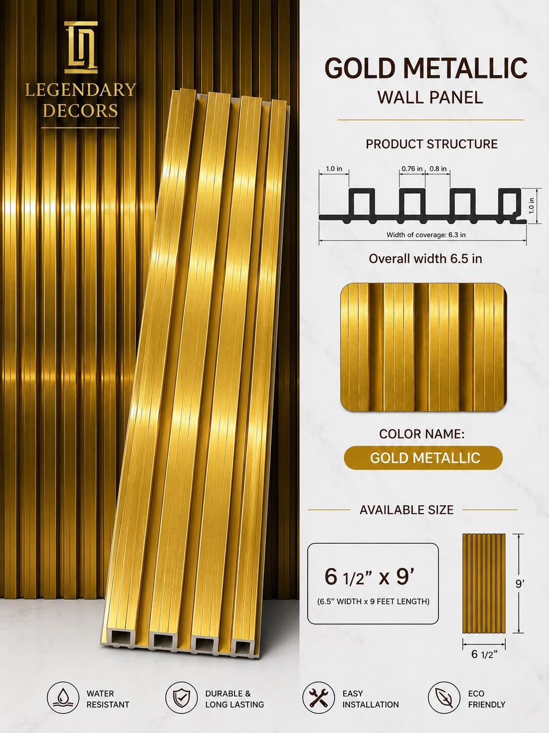 Gold Metallic fluted wall panel, 6½" × 9′
