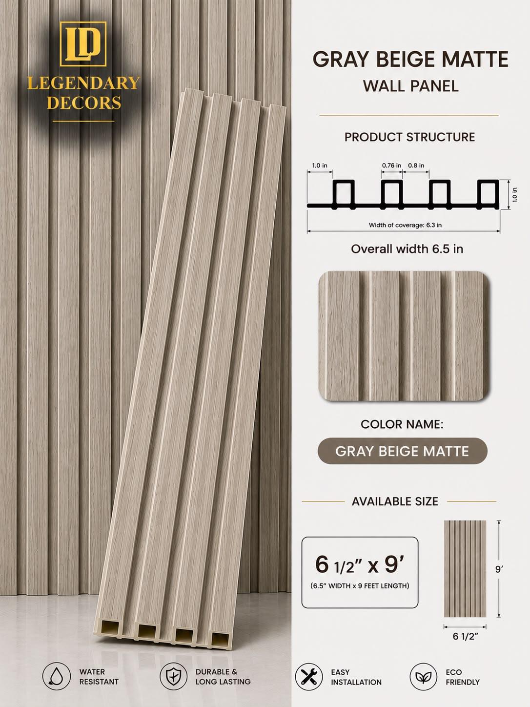 Gray Beige Matte fluted wall panel, 6½" × 9′
