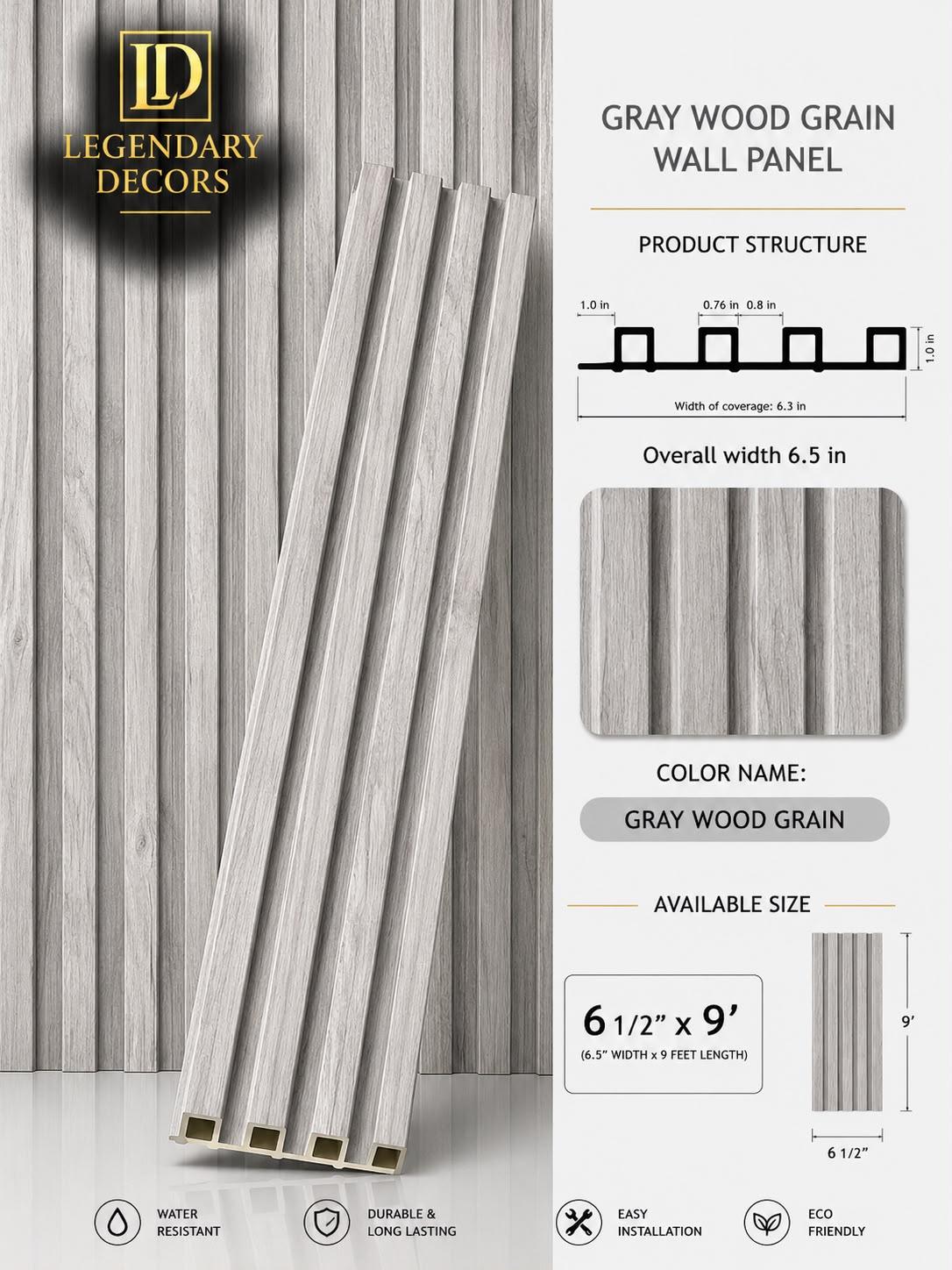 Gray Wood Grain fluted wall panel, 6½" × 9′
