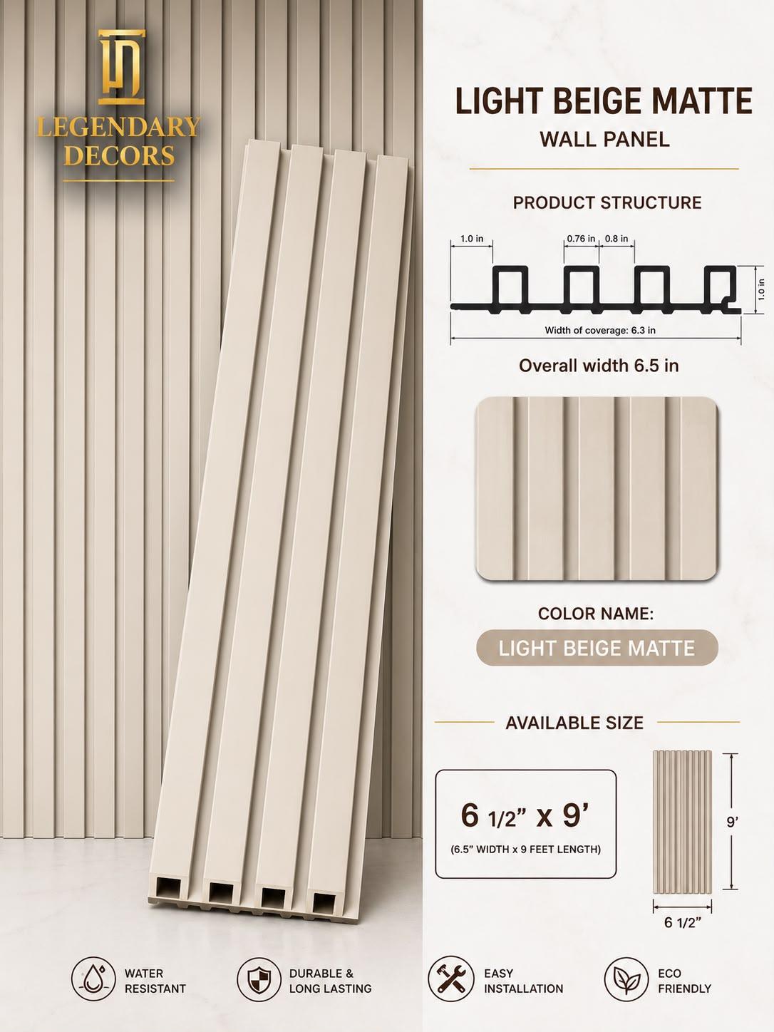 Light Beige Matte fluted wall panel, 6½" × 9′