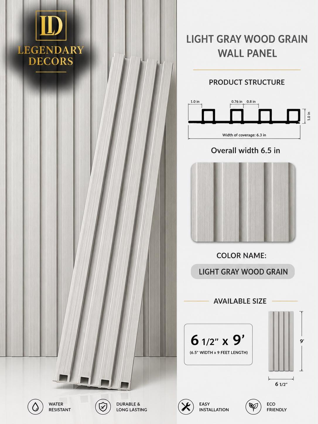 Light Gray Wood Grain fluted wall panel, 6½" × 9′