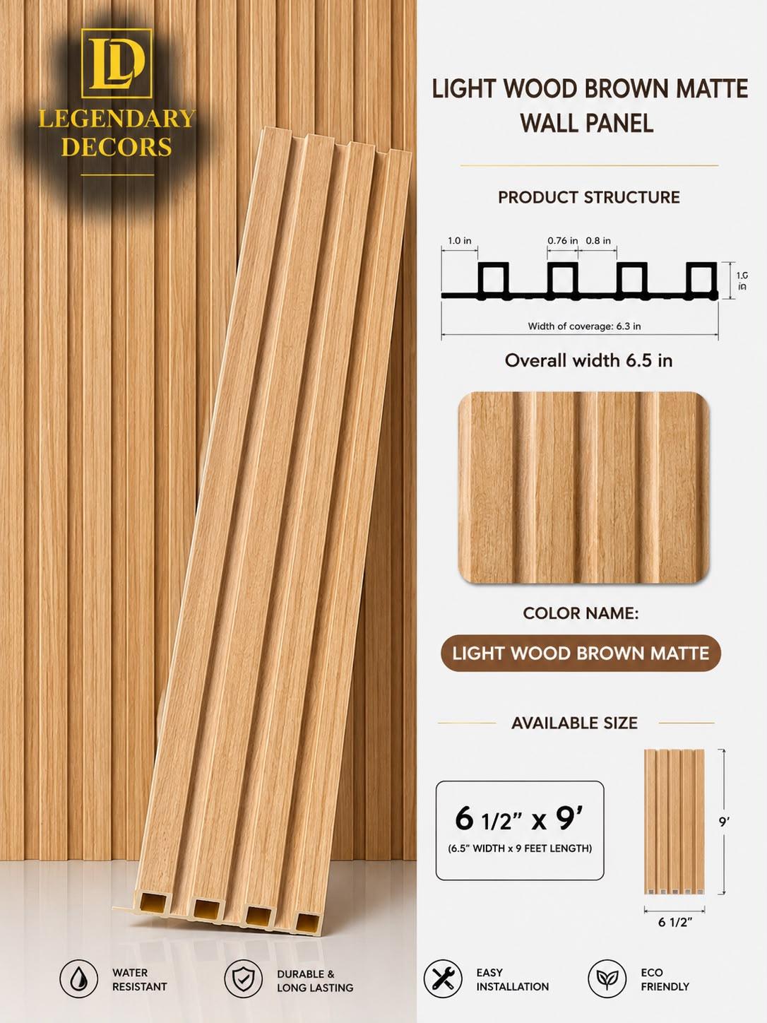 Light Wood Brown Matte fluted wall panel, 6½" × 9′