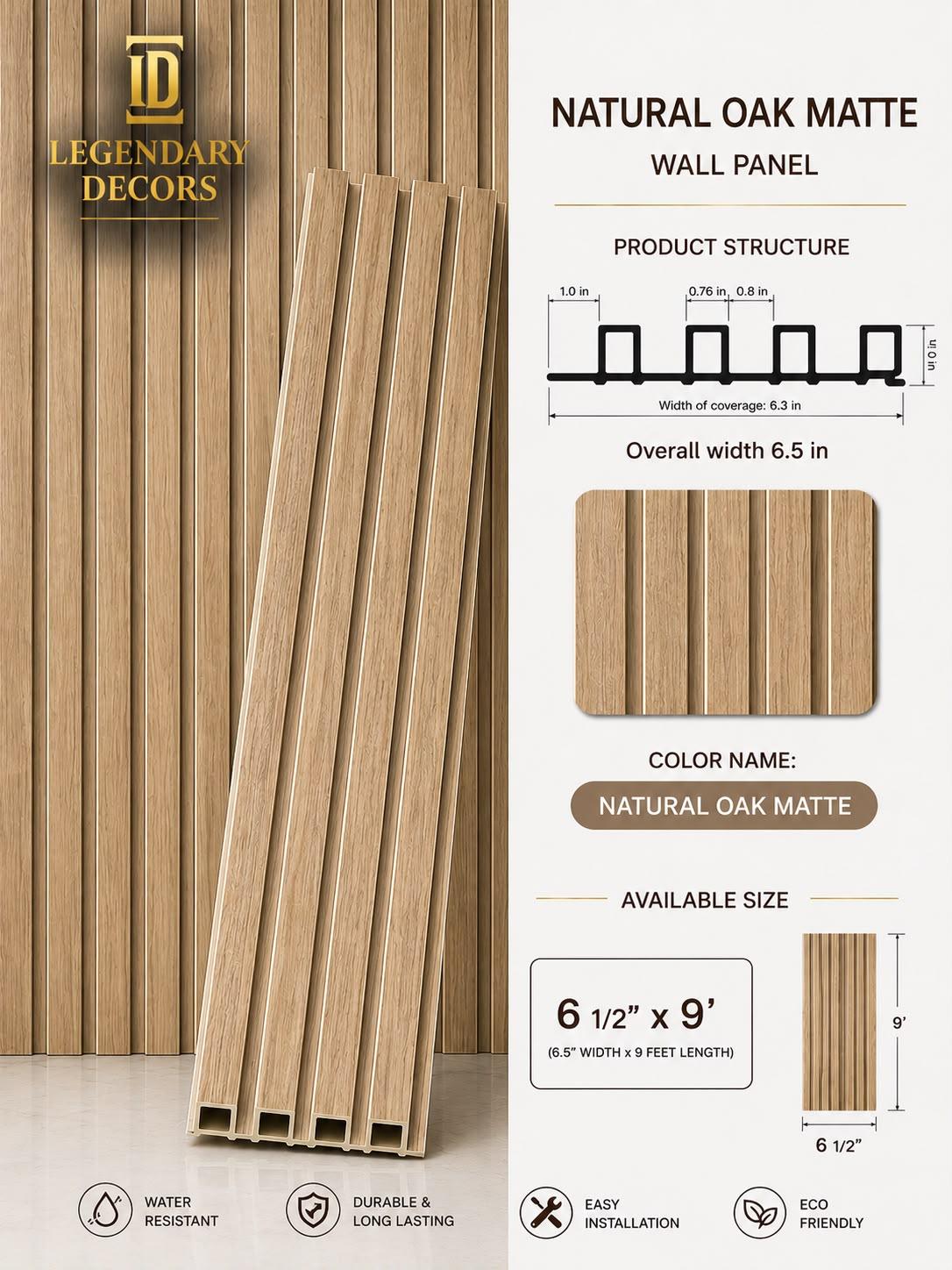 Natural Oak Matte fluted wall panel, 6½" × 9′