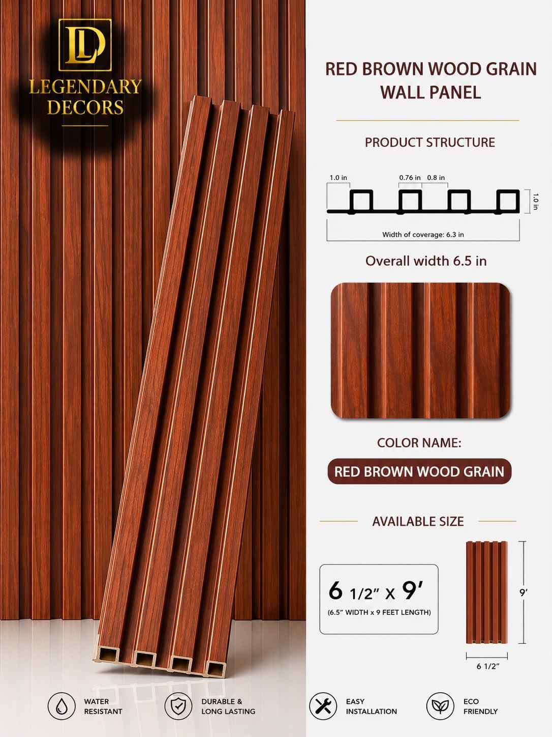 Red Brown Wood Grain fluted wall panel, 6½" × 9′
