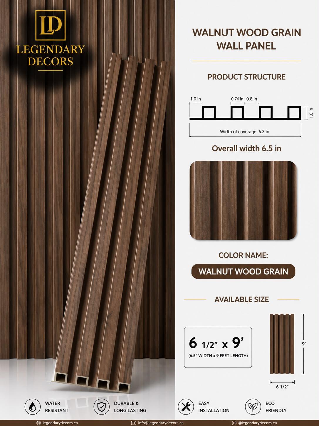 Walnut Wood Grain fluted wall panel, 6½" × 9′
