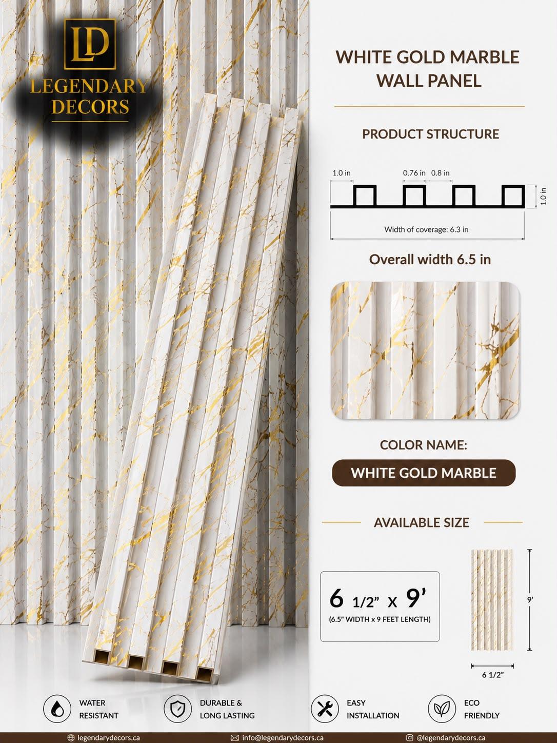 White Gold Marble fluted wall panel, 6½" × 9′
