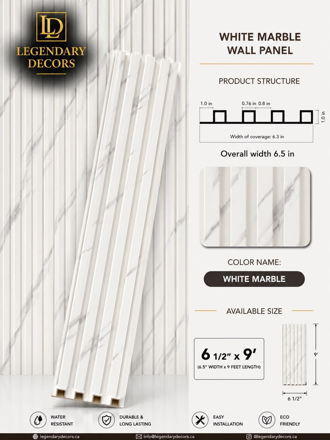 White Marble fluted wall panel, 6½" × 9′