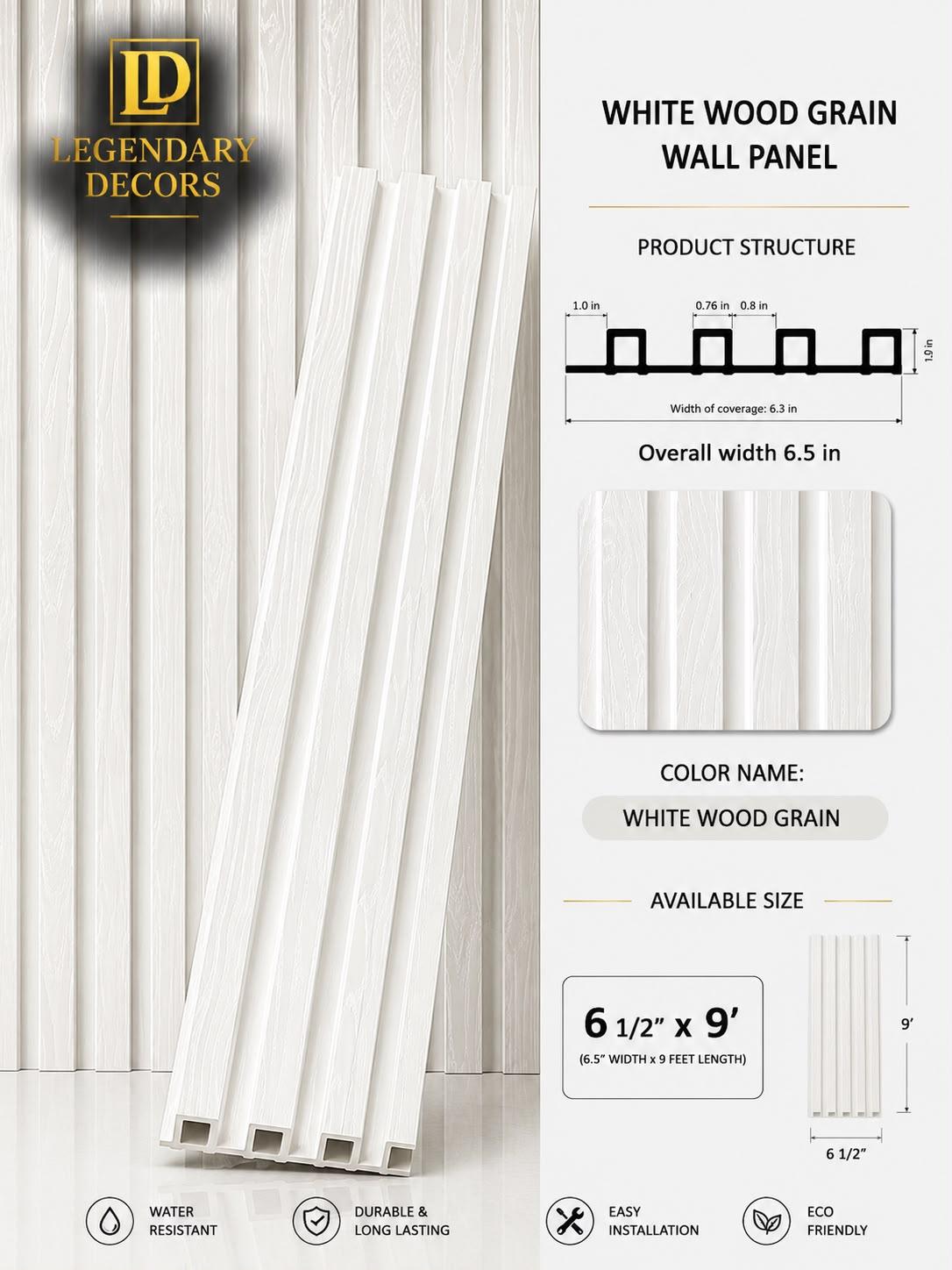 White Wood Grain fluted wall panel, 6½" × 9′