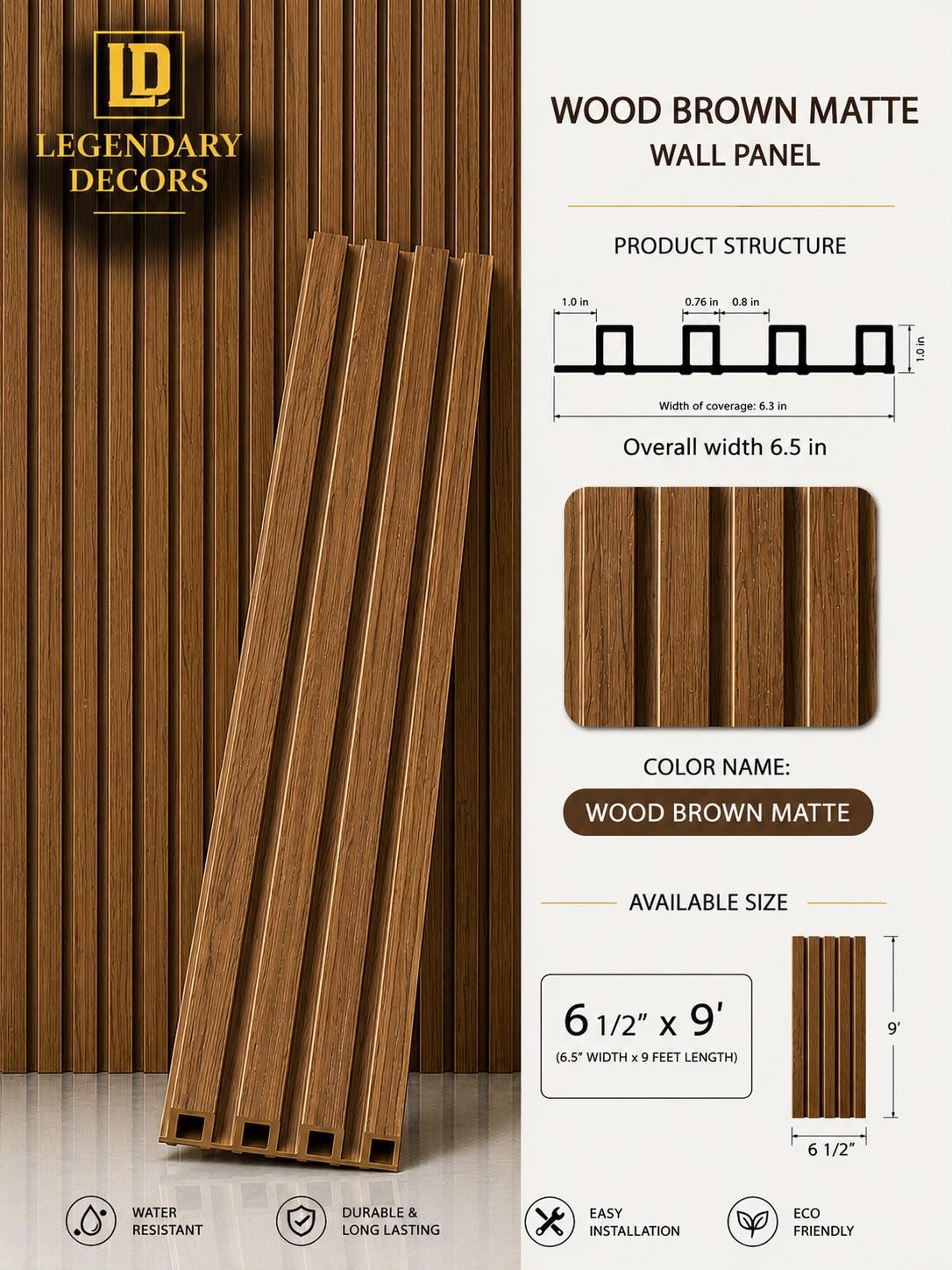 Wood Brown Matte fluted wall panel, 6½" × 9′